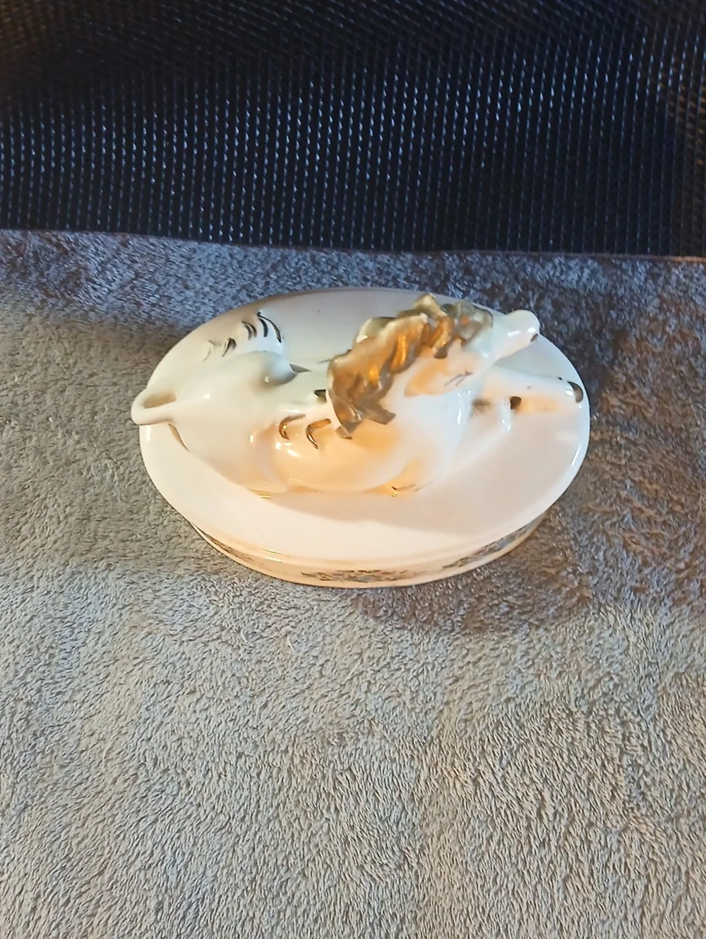 Vintage Porcelain Horse Trinket Box with Floral Banding